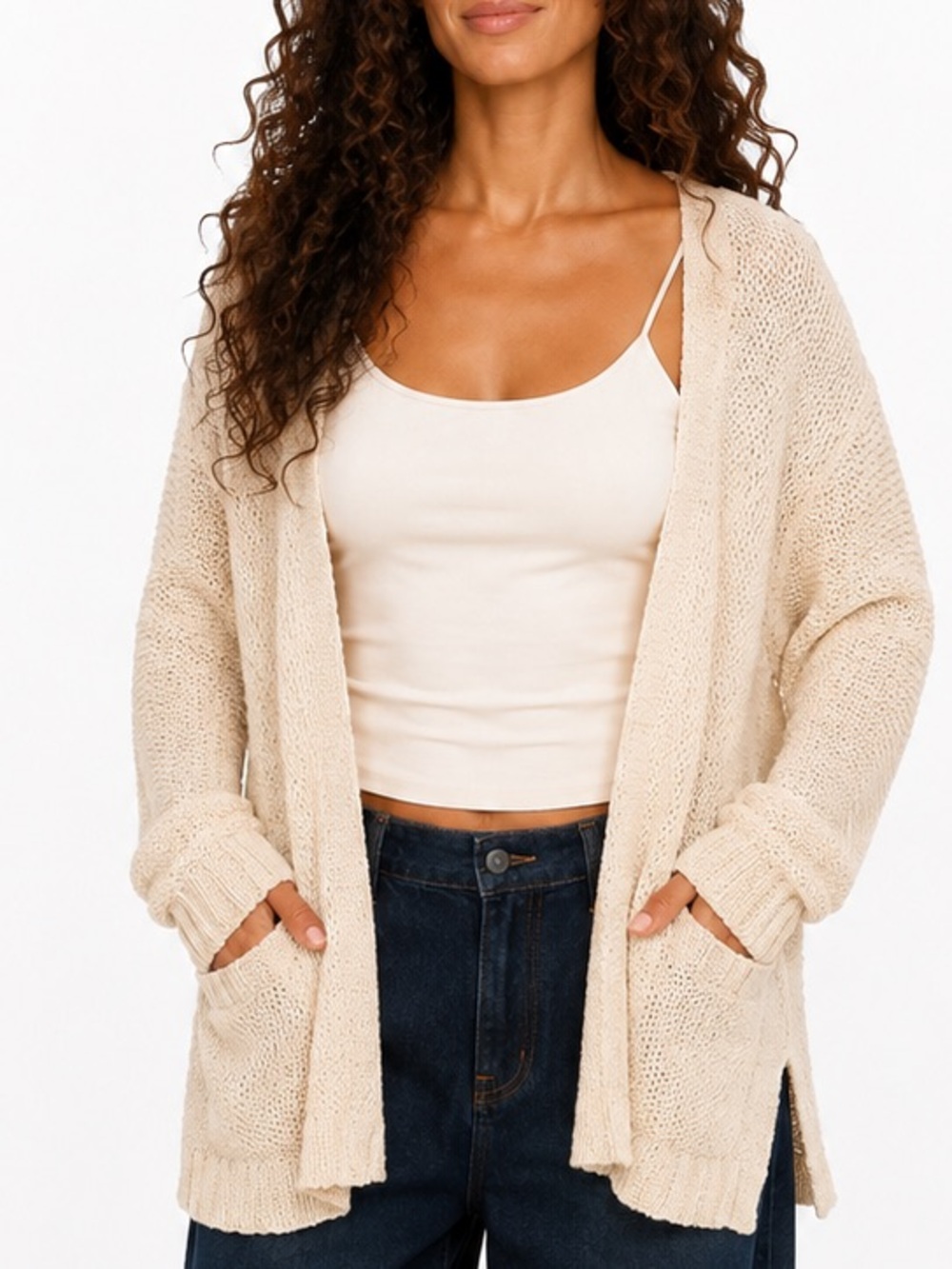 Free People Cream Open-Front Knit Cardigan